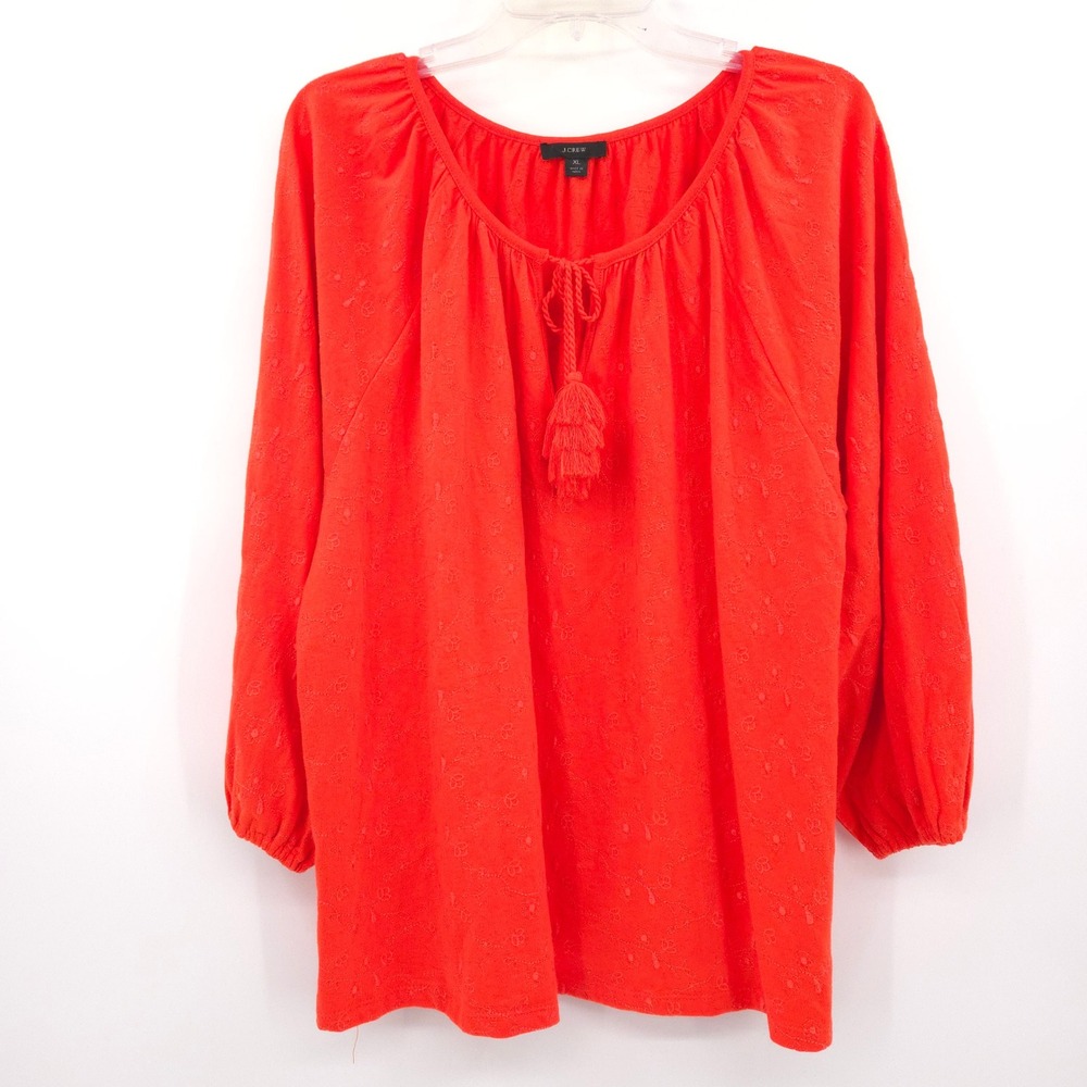 J.Crew Peasant Blouse Women‎ XL Orange Embroidered Tassel Tie Boho Cotton Top
